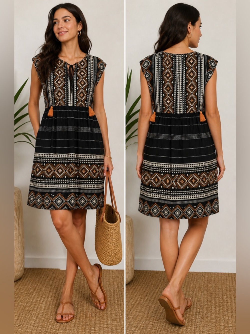 NWT Anthropologie Woven Tassel Black / brown Aztec XS Geometric Tunic Dress